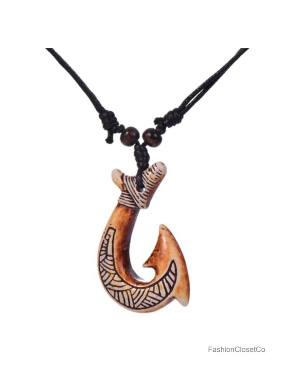 Hawaiian Fish Hook Pendant Necklace Hemp Cord Adjustable Tribal Surfer